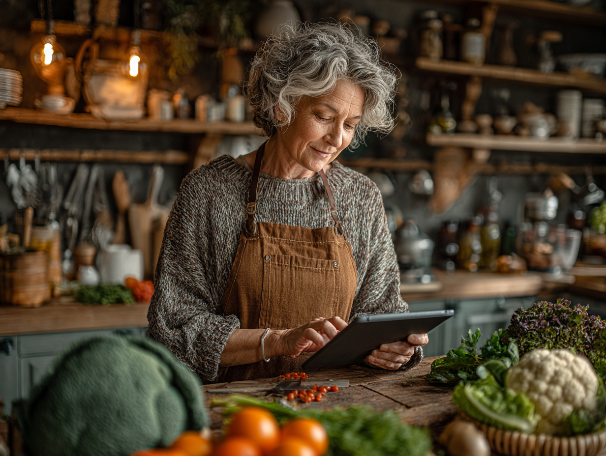 Жінка похилого віку готує здорову їжу